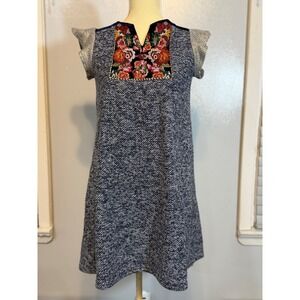 THML Boho Knit Shift Dress XS  Embroidered Floral Bib  Sleeveless Textured Midi